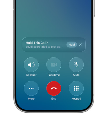 iPhone, bottom half of screen shows an active call with new Hold Assist option and a Hold button notification