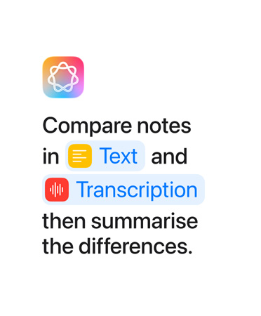 Compare notes in Text and Transcription then summarise, with the words 'Text' and 'Transcription' highlighted in blue as they appear as they would in the Shortcuts app
