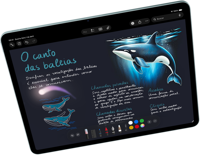 Imagem de um iPad Air na horizontal mostrando a Apple Intelligence com Image Playground, Keynote e Apple Pencil Pro.