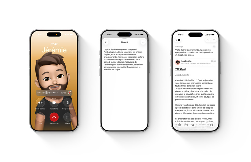 Trois iPhone montrant Apple Intelligence : résumé de messages vocaux, enregistrer et résumer des messages dans Notes et des appels, et résumer des courriels