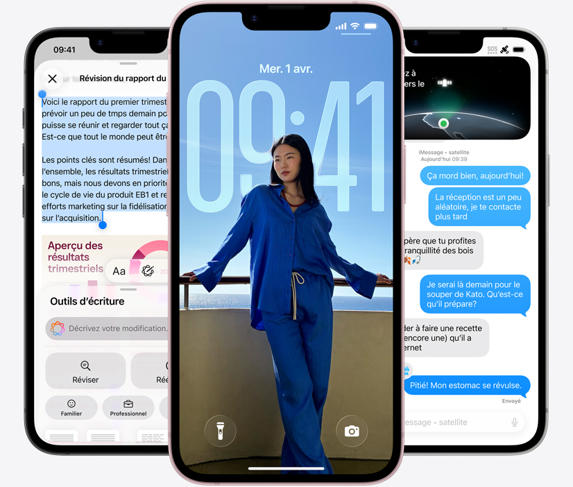 Trois iPhone dix-sept-e, l’un affichant l’envoi d’un message par satellite dans l’app Messages, l’autre une photo d’une personne et une notification d’événement du calendrier sur l’écran verrouillé, et le dernier, une capture d’écran montrant Apple Intelligence en cours d’utilisation