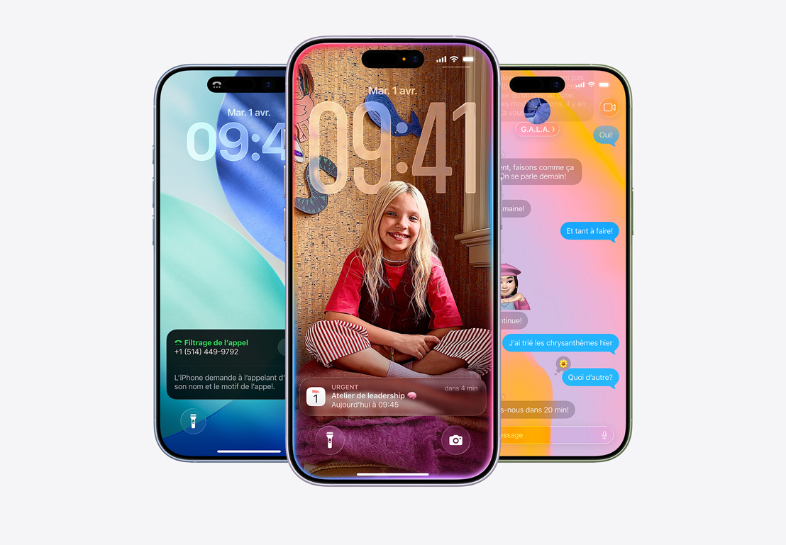 Des iPhone 17, face avant, couleurs : bleu aube, lavande, sauge; fonctionnalités iOS 26 – écran d’accueil affichant plusieurs apps, notification de Calendrier sur un écran verrouillé personnalisé, écran d’iPhone montrant l’app Messages avec le design en Liquid Glass
