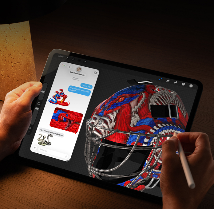Workflow: An iPad with multiple windows open at the same time, some with design applications, some with text messages.