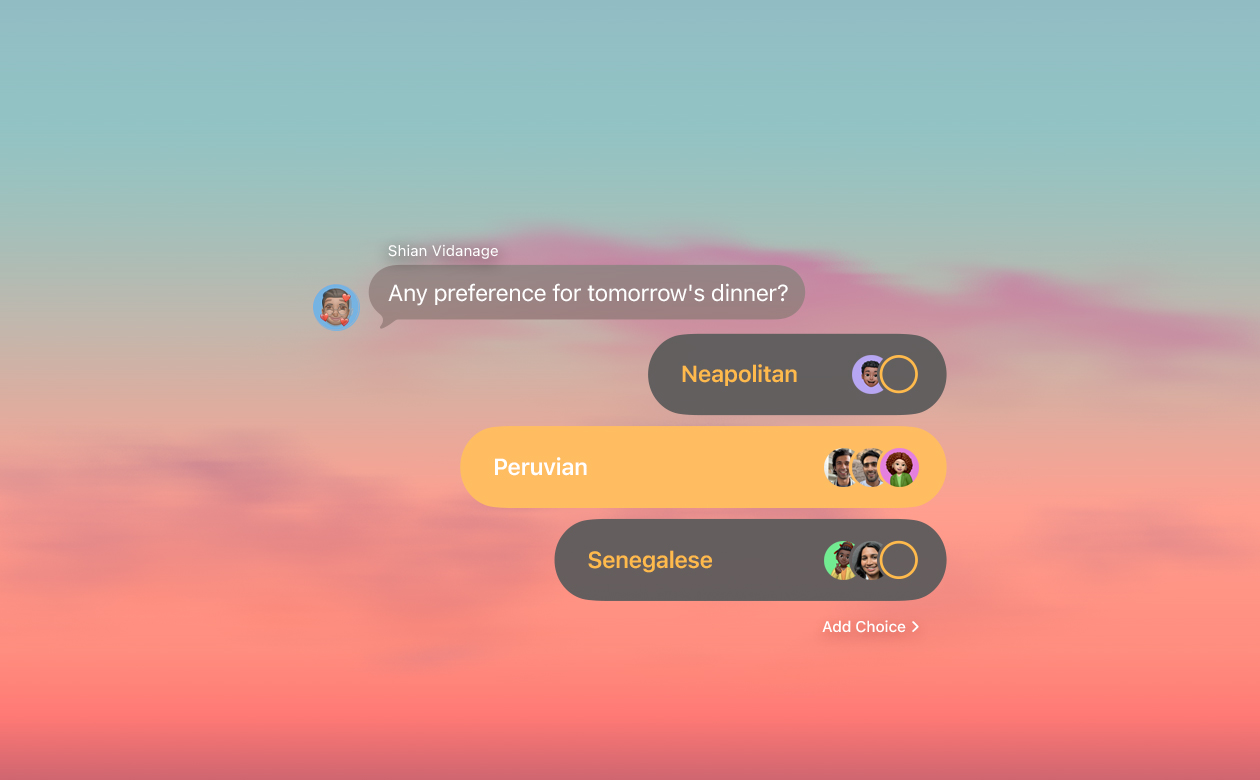 Polls and backgrounds features in Messages with people in the group chat voting on what to have for dinner