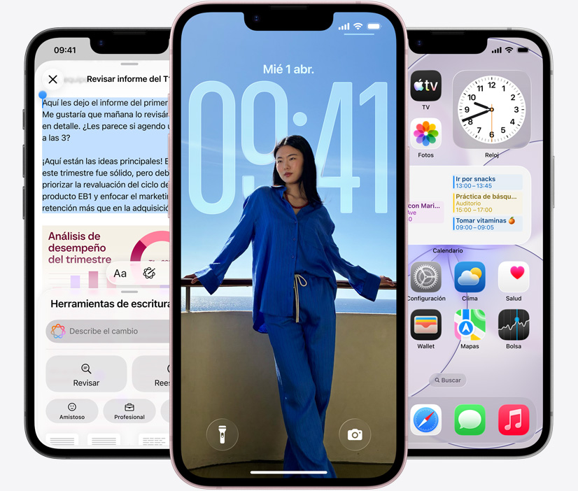 Tres dispositivos iPhone 17e, se muestra la app Mensajes enviando mensajes vía satélite, una pantalla bloqueada con la foto de una persona y una notificación de evento del calendario, y una captura de pantalla con Apple Intelligence en uso