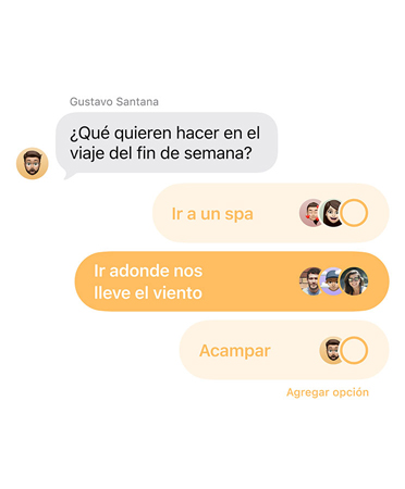 La funcionalidad Encuestas en Mensajes muestra cómo las personas de un chat grupal votan adónde viajarán el fin de semana