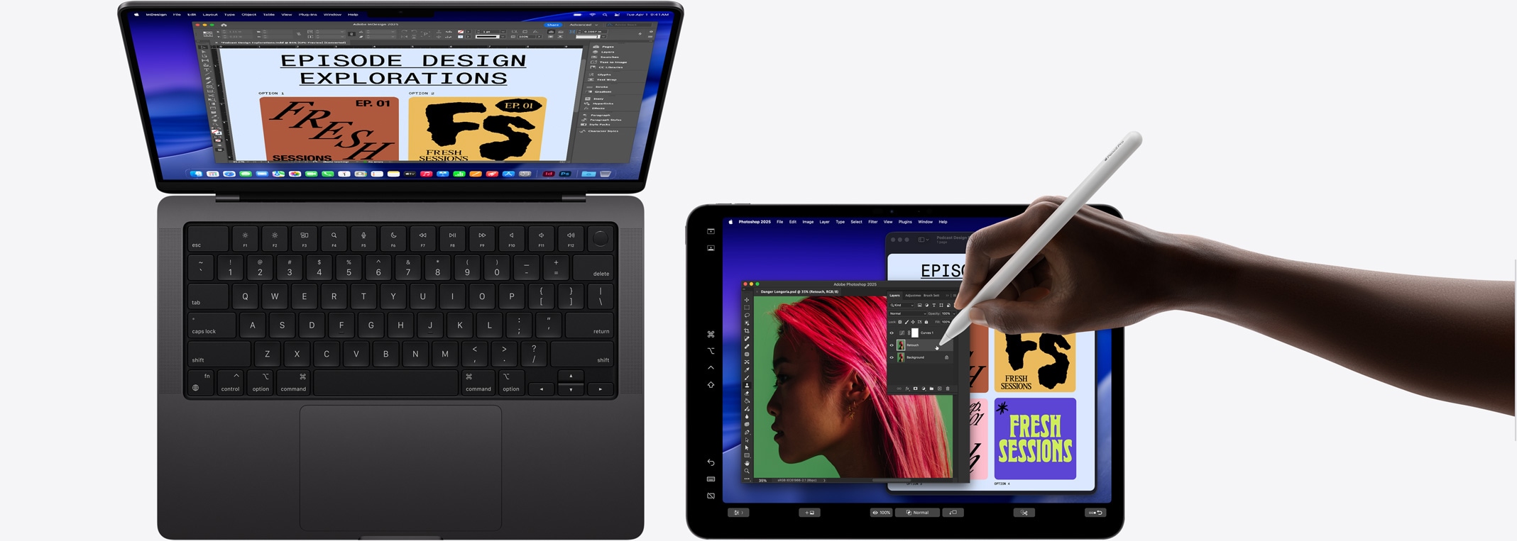 14palcový MacBook Pro, 13palcový iPad Pro používaný na rozšíření displeje MacBooku, ruka pomocí Apple Pencilu Pro manipuluje s obrázkem na iPadu