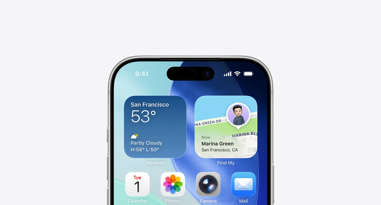 iPhone, v horní části obrazovky je vidět plocha, v jejím horním řádku jsou widgety Počasí a Najít