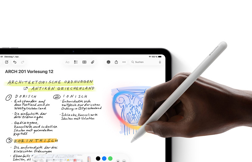 Eine Hand zeichnet mit dem Apple Pencil einen Kreis um eine Skizze in der Notizen App auf dem iPad.