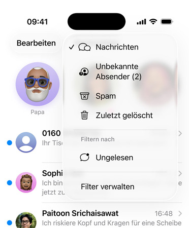 Die Nachrichten App mit der neuen Filterfunktion, die jetzt unbekannte Nummern in einen Abschnitt namens „Unbekannte Absender:innen“ sortiert.