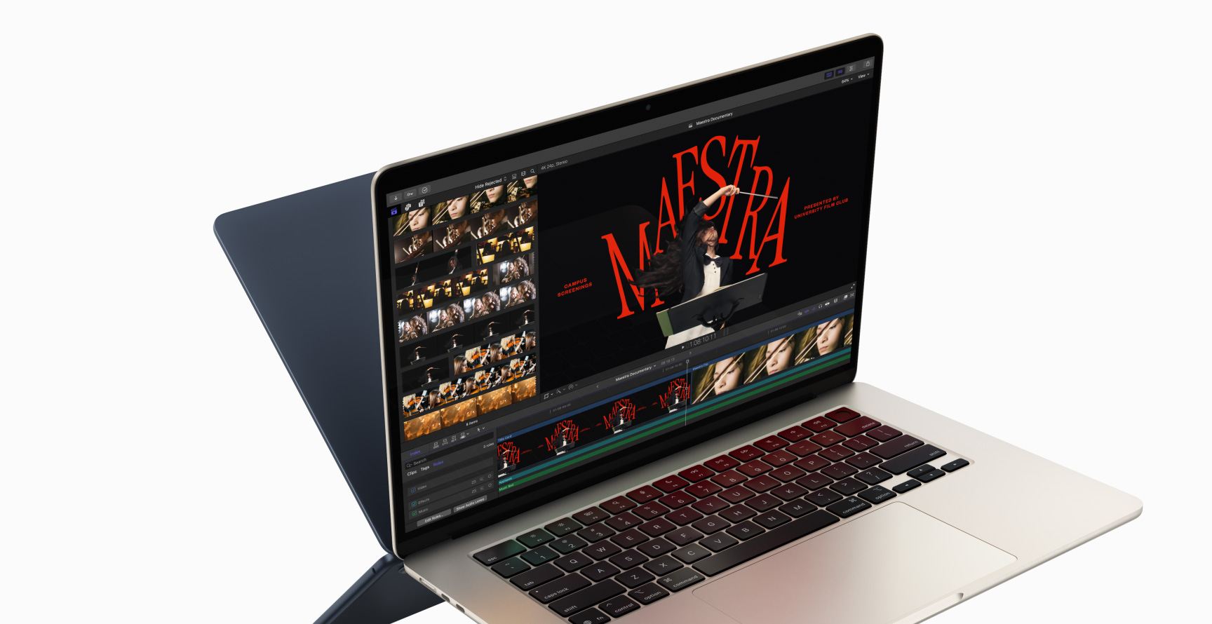 MacBook Air showing video editing in Final Cut Pro to demonstrate M4 chip capabilities — the back of a second MacBook Air appears behind the first, looking like a mirror image