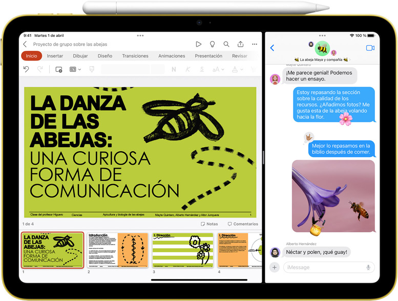 Vista en Split View de Powerpoint y Mensajes en un iPad con un Apple Pencil acoplado magnéticamente.