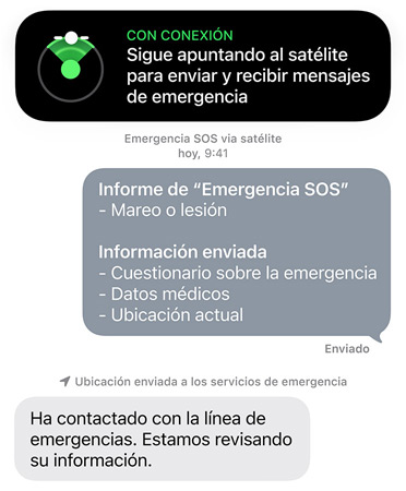 Prestación Emergencia SOS vía satélite en uso, llamando a los servicios de emergencia para pedir ayuda para una persona enferma o herida