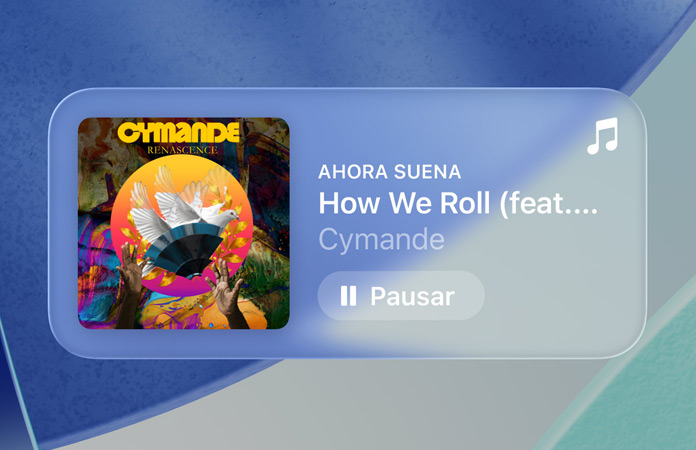 Los controles translúcidos en Apple Music refractan sobre el fondo