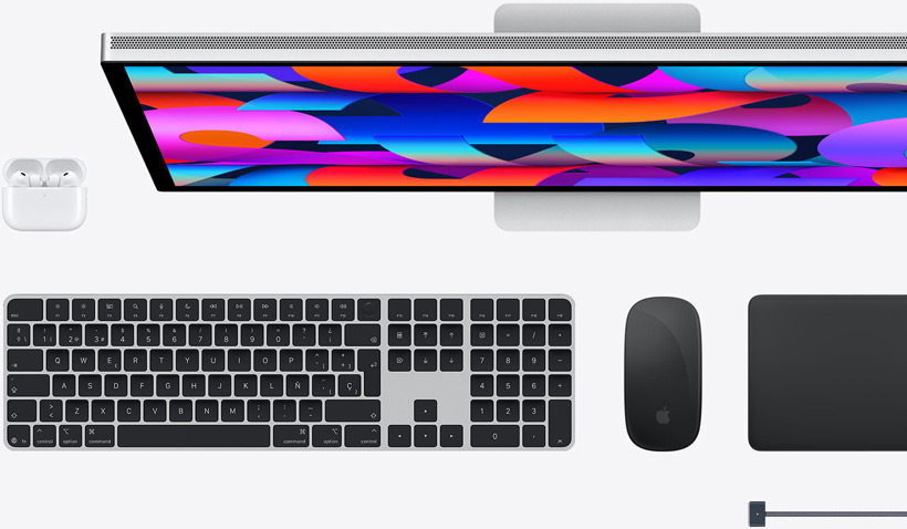 Accesorios para el Mac: AirPods, Studio Display, Magic Keyboard, Magic Mouse, Magic Trackpad y cable de carga MagSafe