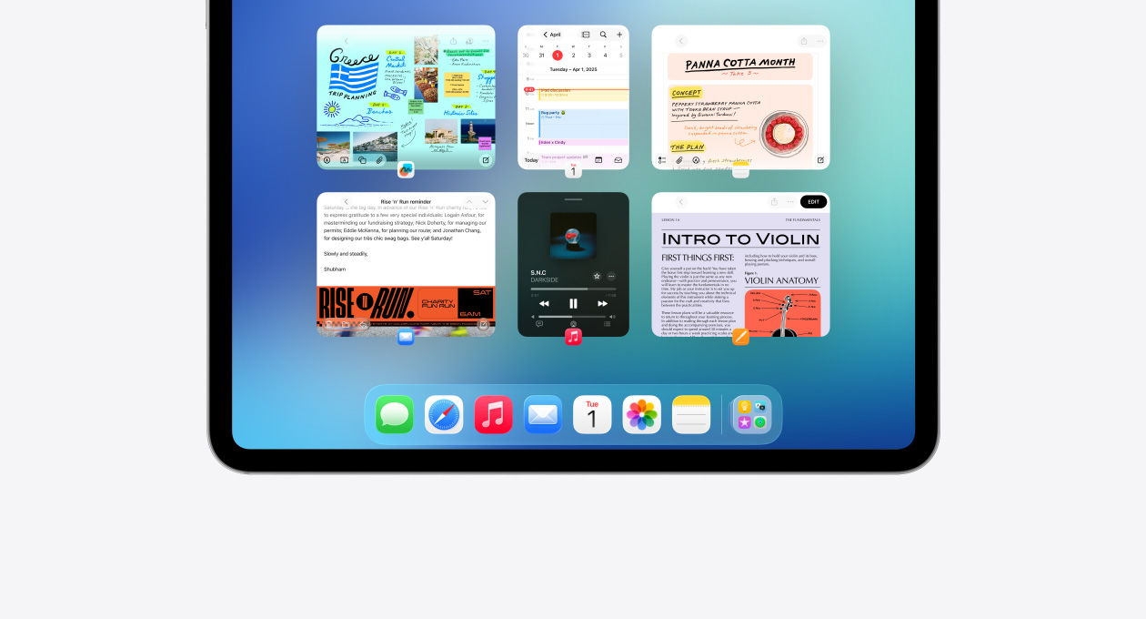 Un iPad, orientation paysage, affiche six fenêtres ouvertes disposées sur deux rangées, dont l’app Calendrier, l’app Notes, Apple Music et Safari