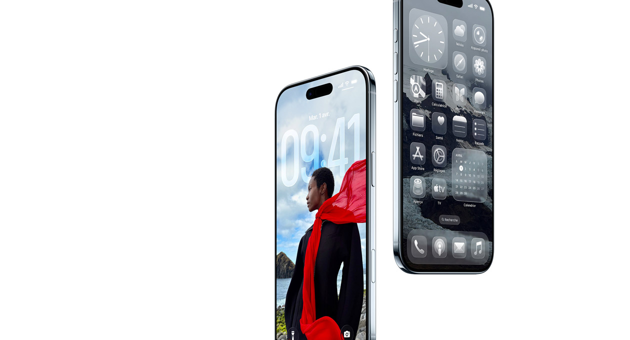 Deux iPhone Air, face avant, côté, profil fin, écran verrouillé dynamique, écran d’accueil avec apps Liquid Glass