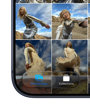 iPhone, le bas de l’écran à gauche affichant la vignette de l’app Photos qui montre les onglets Bibliothèque et Collections dans le nouveau design Liquid Glass