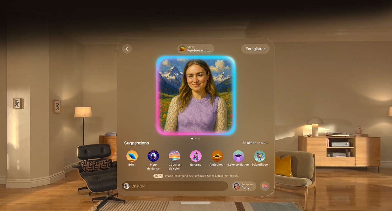 Écran d’Image Playground sur Apple Vision Pro flottant dans une pièce et montrant un visage Genmoji
