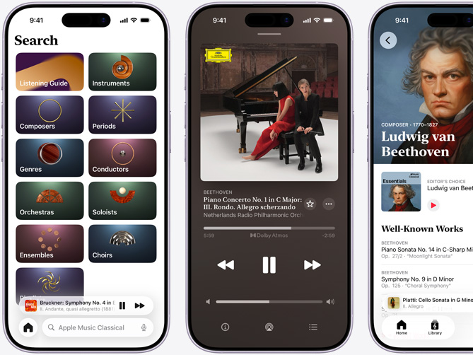iPhone on left showing Apple Music Classical Browse tab with the Catalog tab selected with Composers, Periods, Genres, Conductors, Orchestras, Soloists, Ensembles, and Choirs categories; iPhone in middle showing Beethoven's Piano Concerto No. 1 in C Major, Op. 15: III. Rondo. Allegro scherzando playing in Dolby Atmos; iPhone on right showing Ludwig van Beethoven's Composer page