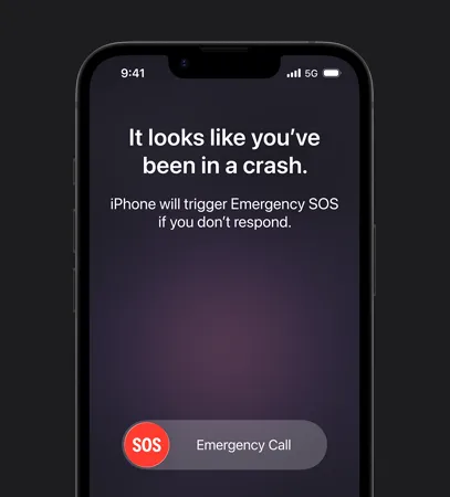 iPhone 17e, front exterior, Crash Detection feature in use