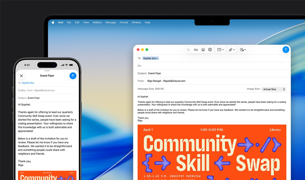 iPhone 16 Plus és MacBook Pro, megnyitva a Mail app, ugyanaz az e-mail-vázlat látható mindkét kijelzőn