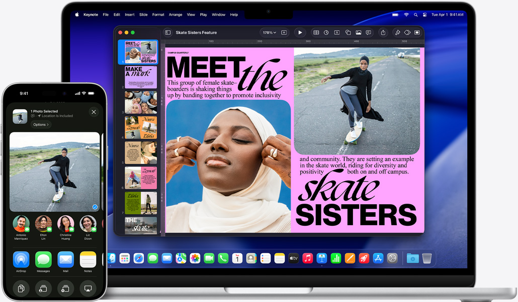 iPhone 16 Plus megnyitott Fotók appal, 13 hüvelykes MacBook Air megnyitott Keynote-diasorral, az iPhone-on lévő fotó jelenik meg a dián