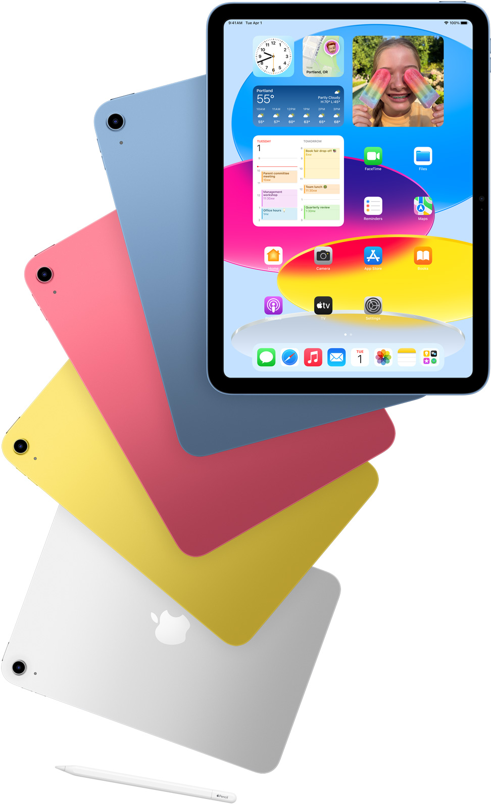 Tampilan depan iPad yang menunjukkan layar home serta iPad biru, pink, kuning, dan perak yang menghadap belakang. Apple Pencil ada di sebelah model iPad.