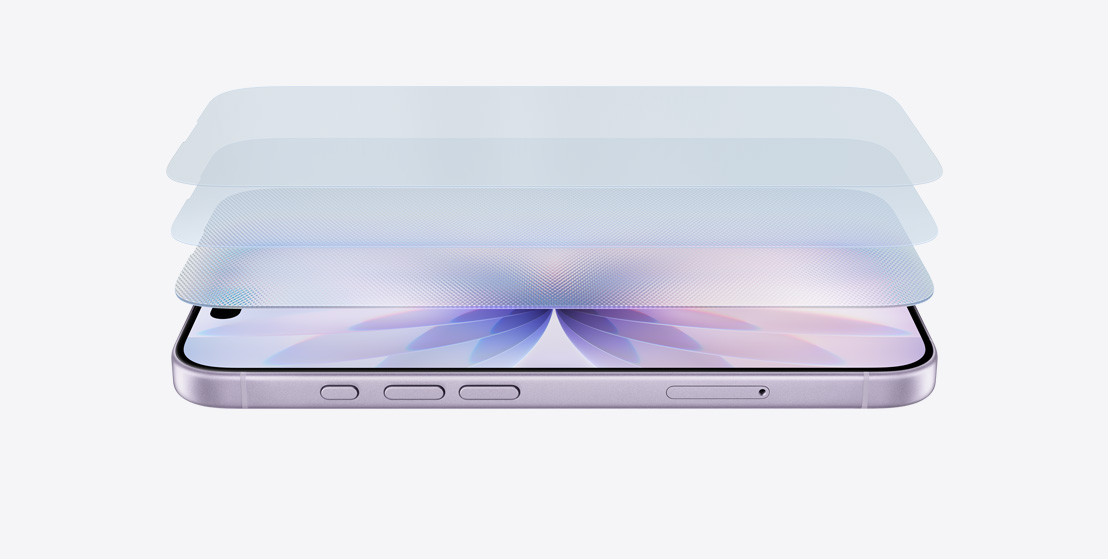 iPhone 17 warna Lavender ditampilkan horizontal dari samping, dengan desain berlapis menampilkan Ceramic Shield 2