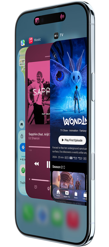iPhone Air, front exterior, side exterior, with Maps, Music and Apple TV+ apps, showcasing the App Switcher feature in use