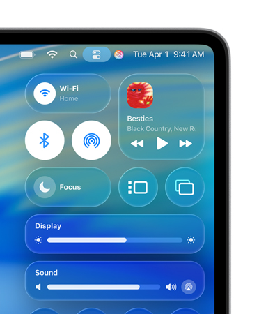 Right side of Mac screen showing Liquid Glass custom controls, like Wi-Fi and Bluetooth, in Control Centre