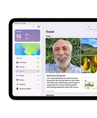 iPad, landscape orientation, left side of screen shows Journal app