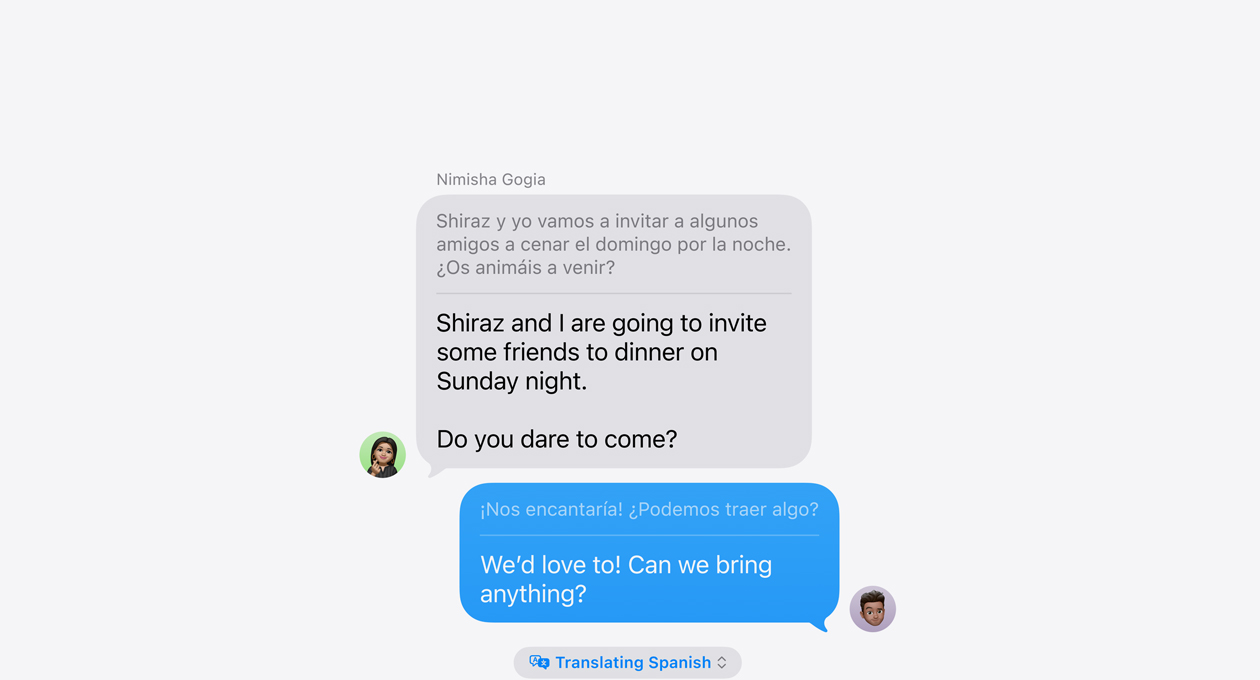 Live Translation in Messages, showing an example of automatic translation between Spanish and English