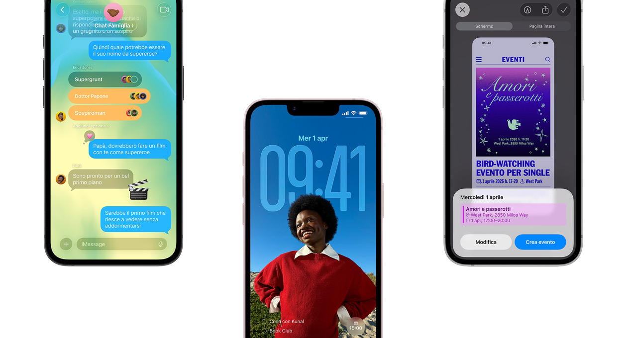 Tre iPhone 17e mostrati di fronte con l’app Messaggi con design Liquid Glass, la schermata di blocco dinamica e la funzione Screenshot con un evento dall’app Calendario in uso