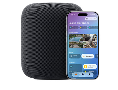 Un HomePod color mezzanotte e un iPhone che mostra l’interfaccia della sezione La mia abitazione nell’app Casa