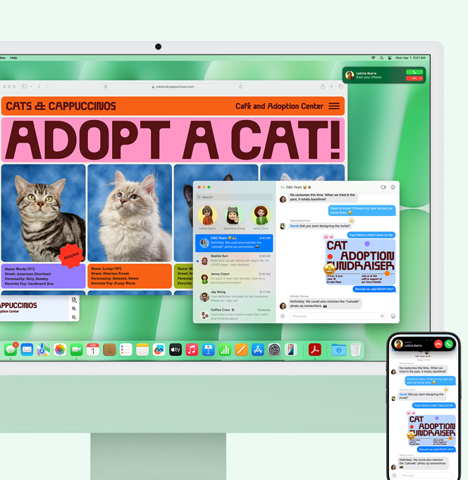 Una iMac verde junto a un iPhone. La pantalla de la iMac muestra la notificación de una llamada entrante del iPhone. Ambos dispositivos muestran la app Mensajes con la misma conversación