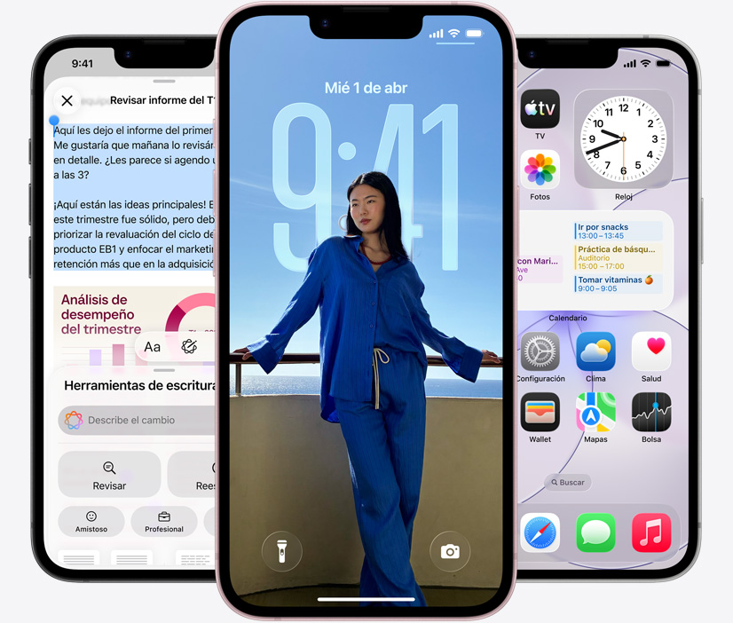 Tres dispositivos iPhone 17e, se muestra la app Mensajes enviando mensajes vía satélite, una pantalla bloqueada con la foto de una persona y una notificación de evento del calendario, y una captura de pantalla con Apple Intelligence en uso