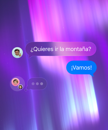 Chat grupal en Mensajes, con un fondo abstracto rosa, morado y azul