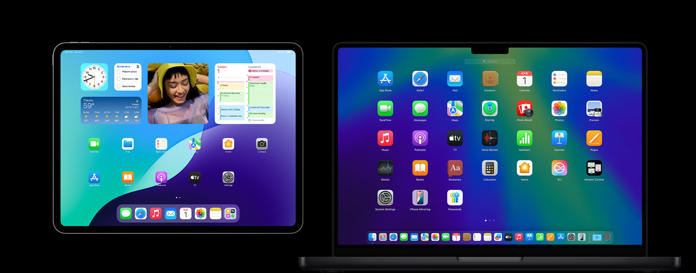 An iPad and a Mac displaying various app icons. The iPad shows several widgets, including Calendar, Weather, and Photos.