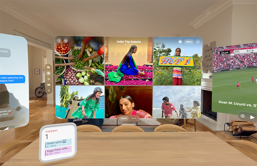 Multiple apps and widgets floating in living room space including Photos app, Messages app, Calendar widget, and Apple TV app