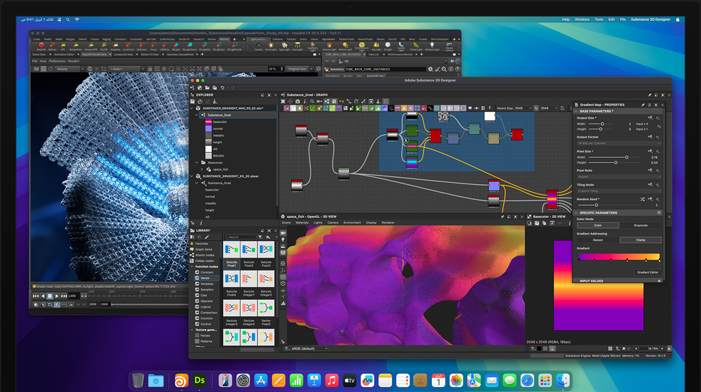 شاشة تعرض برنامج Adobe&nbsp;Substance&nbsp;Designer وبرنامج Houdini&nbsp;3D يُستخدمان في التحرير على Mac&nbsp;Studio بشريحة M4&nbsp;Max