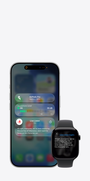 iPhone 17 Pro 螢幕展示使用中的即時聆聽環節，並帶有所得音訊的字幕；Apple Watch Series 11 螢幕展示同一音訊的即時字幕。