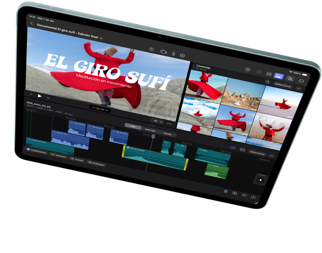 iPad Air en posición horizontal, muestra la edición de un video en Final Cut Pro