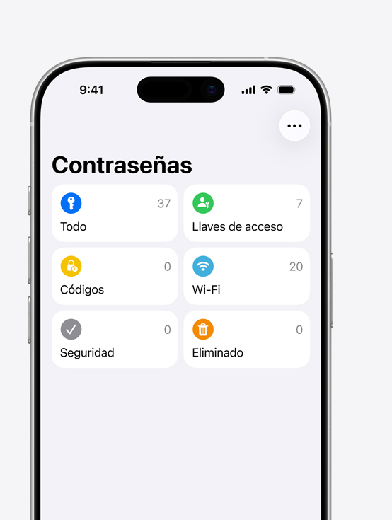 Pantalla de un iPhone que muestra el menú de Contraseñas con las opciones Todo, Llaves de acceso, Códigos, Wi-Fi, Seguridad, Eliminado