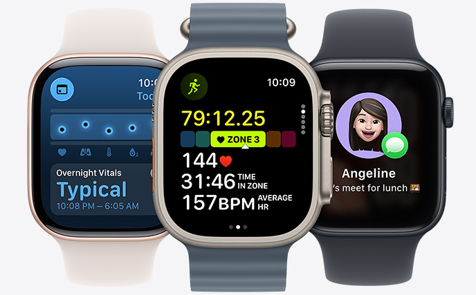 Three Apple Watch models, center in Natural color, face shows run in progress with heart rate stats, right in Jet Black, face with Genmoji, left in Rose Gold, face shows Vitals