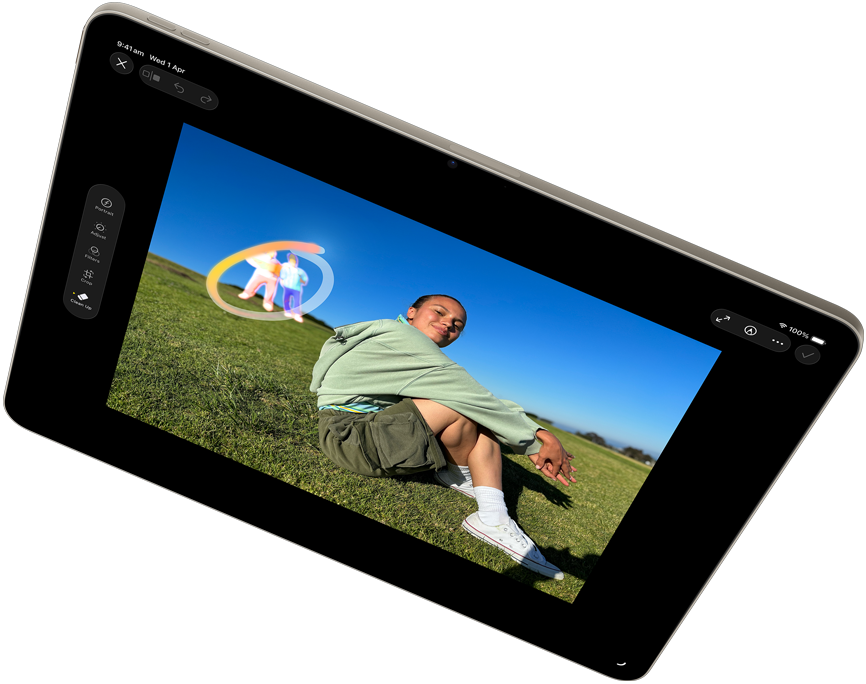 Landscape view of iPad Air showcasing Apple Intelligence with the Clean Up tool in Photos app