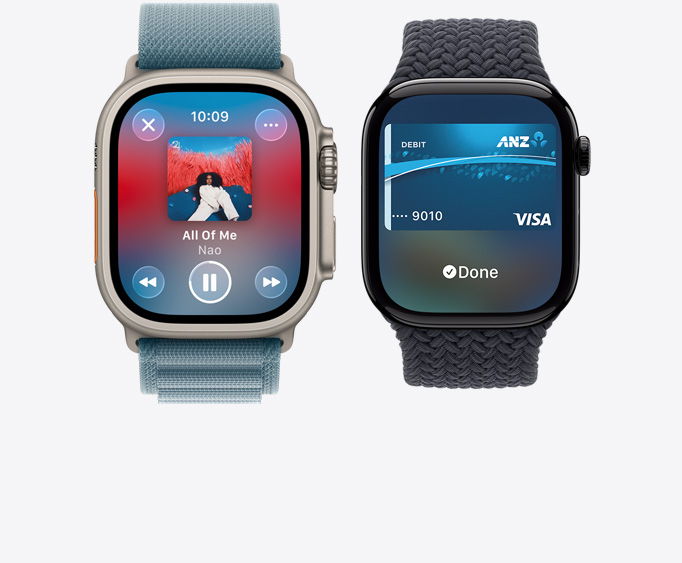 Apple Watch Ultra 3, titanium case, natural colour, Apple Music app, now playing screen, Apple Watch Series 11, aluminium case, polished jet black colour, Apple Pay screen