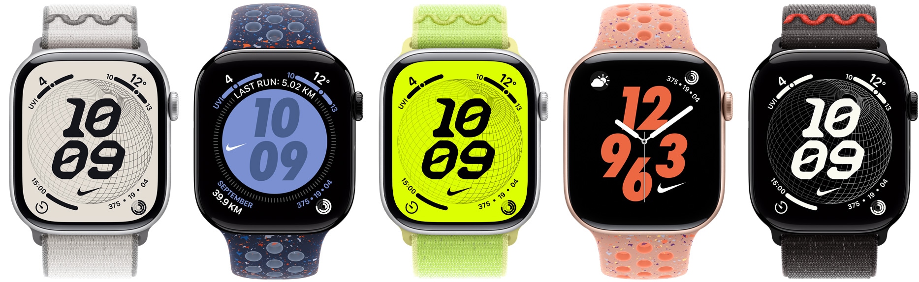 Różne urządzenia Apple Watch z różnymi paskami Nike i tarczami Nike