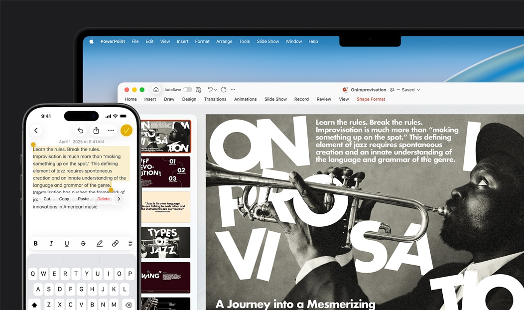 iPhone 16 Plus z tekstem podkreślonym w aplikacji Notatki, MacBook Pro z otwartym slajdem w aplikacji Microsoft PowerPoint, na slajdzie tekst z aplikacji Notatki