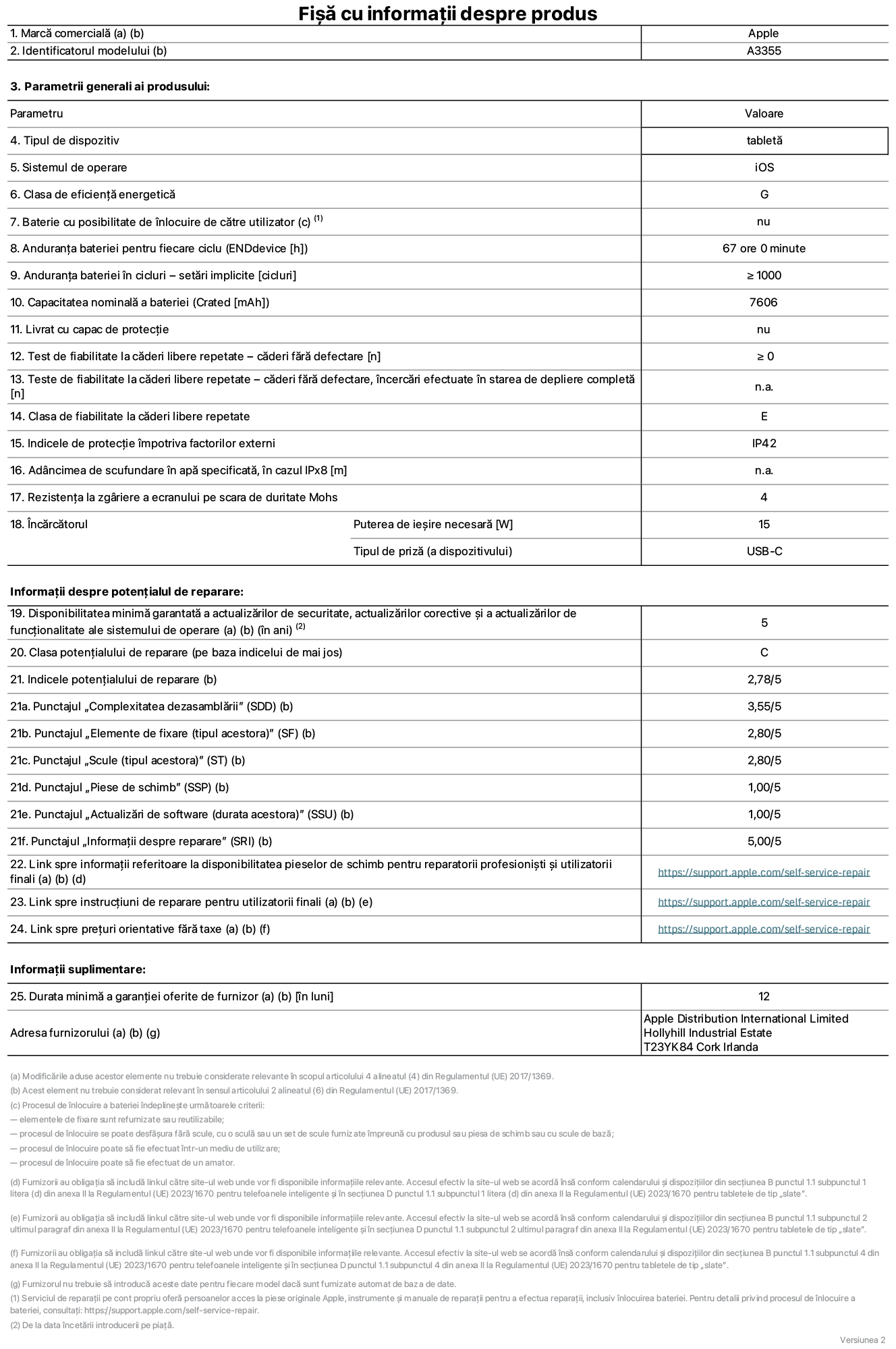Fișa cu informații despre produs pentru iPad&nbsp;Wi-Fi&nbsp;+&nbsp;Cellular, modelul A3355. Furnizată de Apple Distribution International Ltd, Hollyhill Industrial Estate. Cork, Irlanda T23 YK84. Tipul de dispozitiv: tabletă. Sistemul de operare: iOS. Clasa de eficiență energetică: G. Baterie cu posibilitate de înlocuire de către utilizator: nu. Anduranța bateriei: 67&nbsp;de&nbsp;ore. Anduranța bateriei în cicluri: ≥ 1000. Capacitatea nominală a bateriei: 7606&nbsp;mAh. Test de fiabilitate la căderi libere repetate – căderi fără defectare: ≥ 0. Clasa de fiabilitate la căderi libere repetate: E. Indicele de protecție împotriva factorilor externi: IP42. Rezistența la zgâriere a ecranului pe scara de duritate Mohs: 4. Puterea de ieșire necesară pentru încărcător: 15&nbsp;W. Tipul de priză pentru încărcător: USB-C. Disponibilitatea minimă garantată a actualizărilor de securitate, a actualizărilor corective și a actualizărilor de funcționalitate ale sistemului de operare: 5&nbsp;ani. Clasa potențialului de reparare: C. Indicele potențialului de reparare: 2,78/5. Punctajul „Complexitatea dezasamblării”: 3,55/5. Punctajul „Elemente de fixare”: 2,80/5. Punctajul „Scule”: 2,80/5. Punctajul „Piese de schimb”: 1,00/5. Punctajul „Actualizări de software”: 1,00/5. Punctajul „Informații despre reparare”: 5,00/5. Link spre informații referitoare la disponibilitatea pieselor de schimb pentru reparatorii profesioniști și utilizatorii finali: https://support.apple.com/self-service-repair. Link spre instrucțiuni de reparare pentru utilizatorii finali: https://support.apple.com/self-service-repair. Link spre prețuri orientative fără taxe: https://support.apple.com/self-service-repair. Garanție generală oferită: 12 luni.